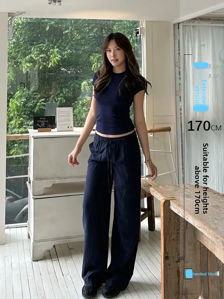 

Extended Length High Waist Straight Leg Casual Loose Fit Khaki Linen Pants Women Summer Wide Leg Floor Length Trousers