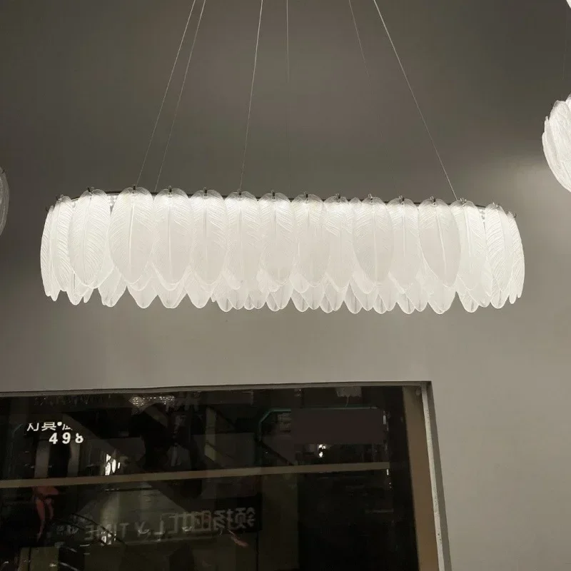 Nordic Luxury  Feather Led Chandelier for Living Dining Room Bedroom White Glass Pendant Lights Home Decoration Hanging Light