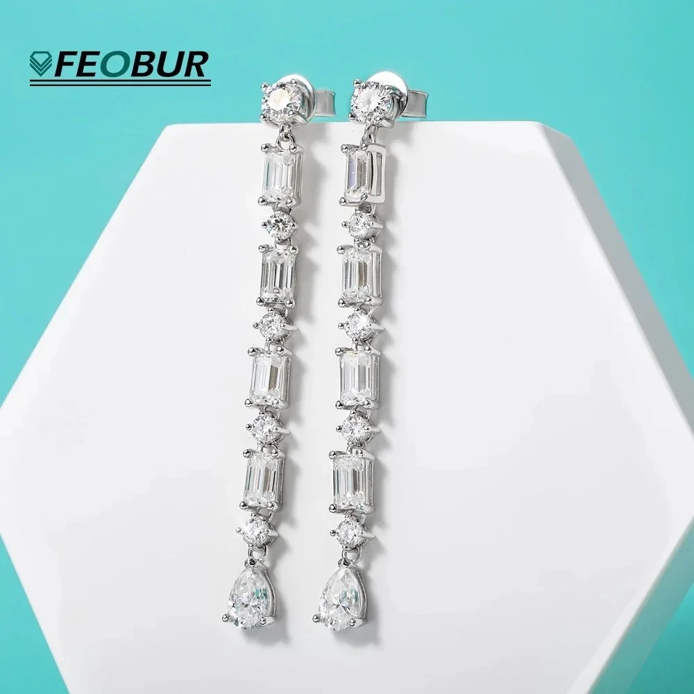 6.8cttw Round Emerald Cut Full Moissanite Dangle Earrings for Women Bridal S925 Sterling Silver Diamond Wedding Earrings Jewelry