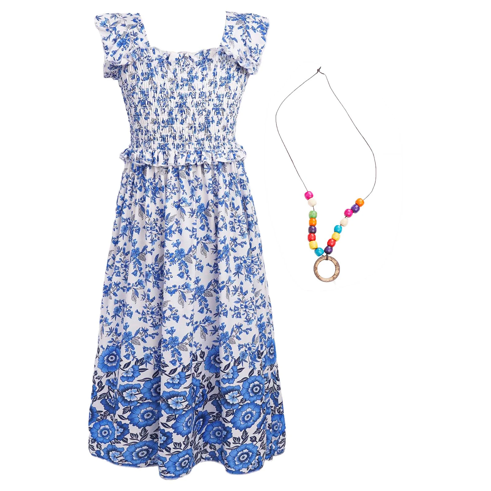 Kids Dress for Girls Floral Print Bohi Dress Sleeveless Ruffled Sundress with Necklace Summer Clothes Beach Vacation Party Wear