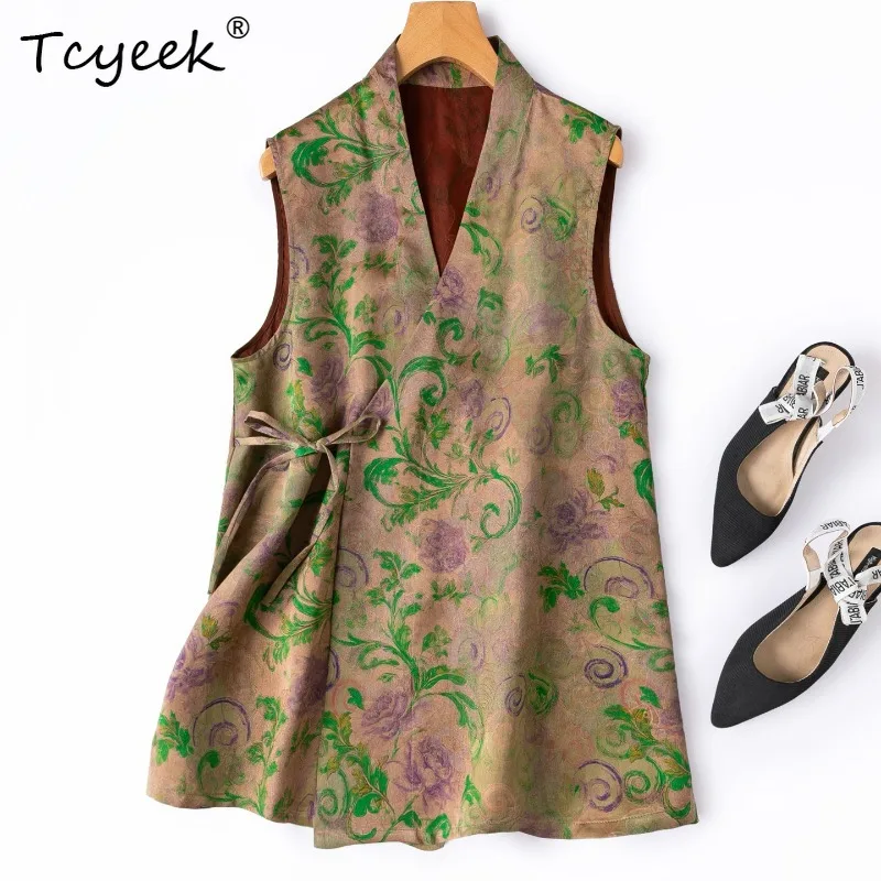 

Tcyeek 100% Real Mulberry Silk Tops for Women 2026 Summer Retro Breathable Rose-pattern Layered Tank Top Lady Clothes Ropa Mujer