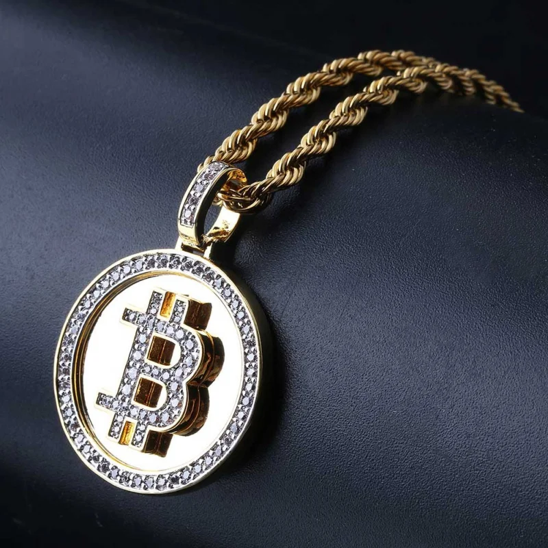 European and American Amazon Hot Sale Bitcoin Pendant Gold-Plated Micro Inlaid Zircon Men's Hip Hop Necklace Pendant Factory Dir