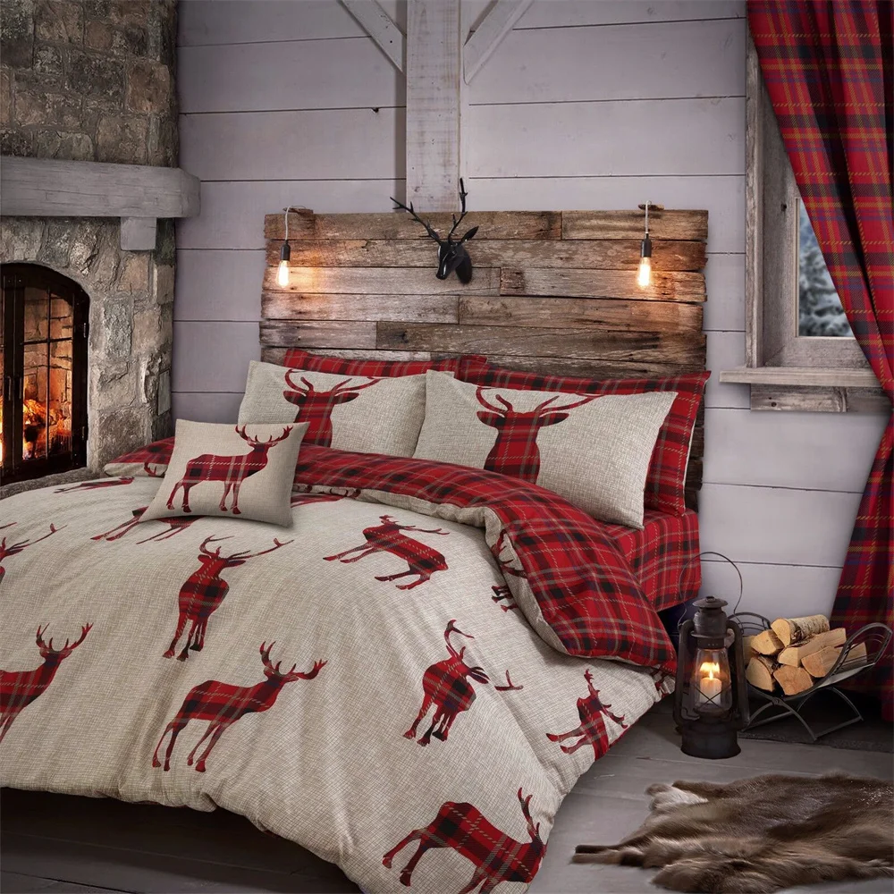 Buon natale copripiumino Tartan Deer reversibile Check copripiumino Set copripiumino Set biancheria da letto decorazioni rosse Festival