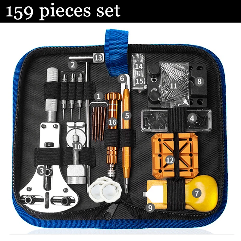 

159pcs Watch Clock Repair Tool Kit Watchmaker Link Pin Remover Case Opener Spring Bar Repair Set Disassemble Battery Replacement