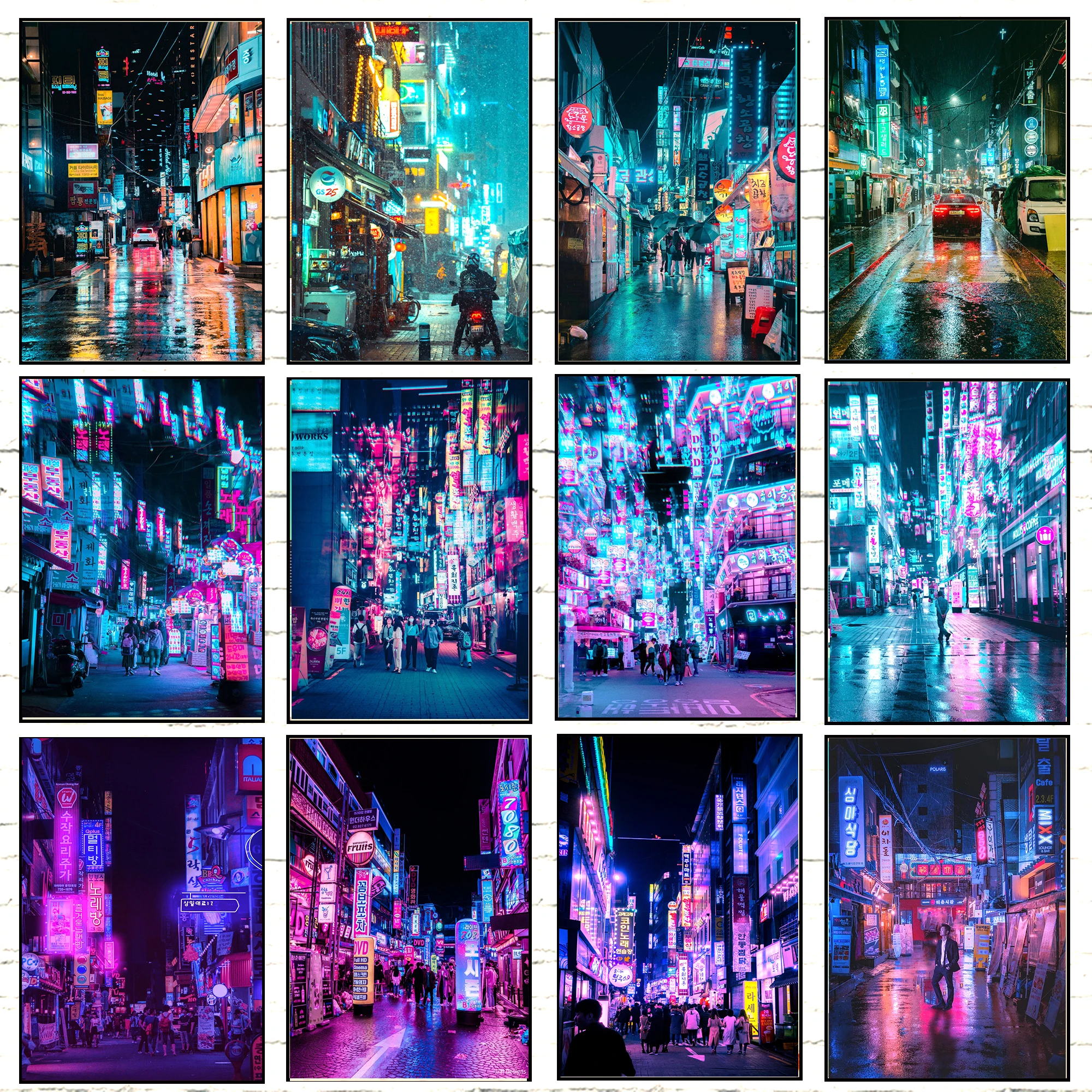 Korea Neon City Night Street Poster Kpop Seoul Travel Vaporwave Decorative Painting Wall Art Kawaii Room Decor Canvas Posters