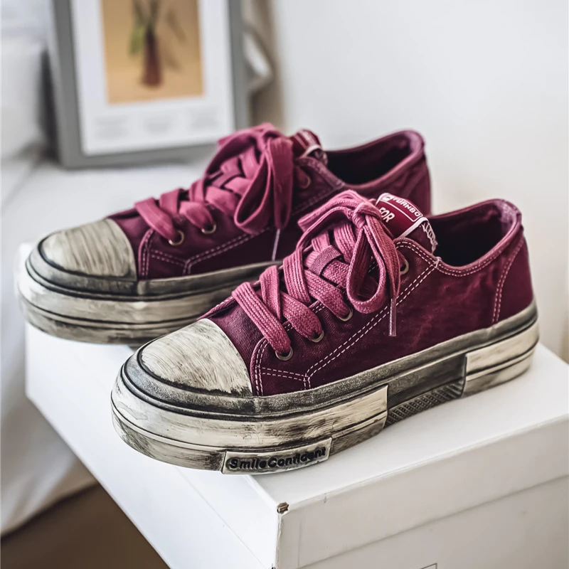 

Burgundy Men's Canvas Shoes Make Old High Quality Casual Sneakers for Men Height Increasing Shoes Rinsing Sturdy Shoes for Men