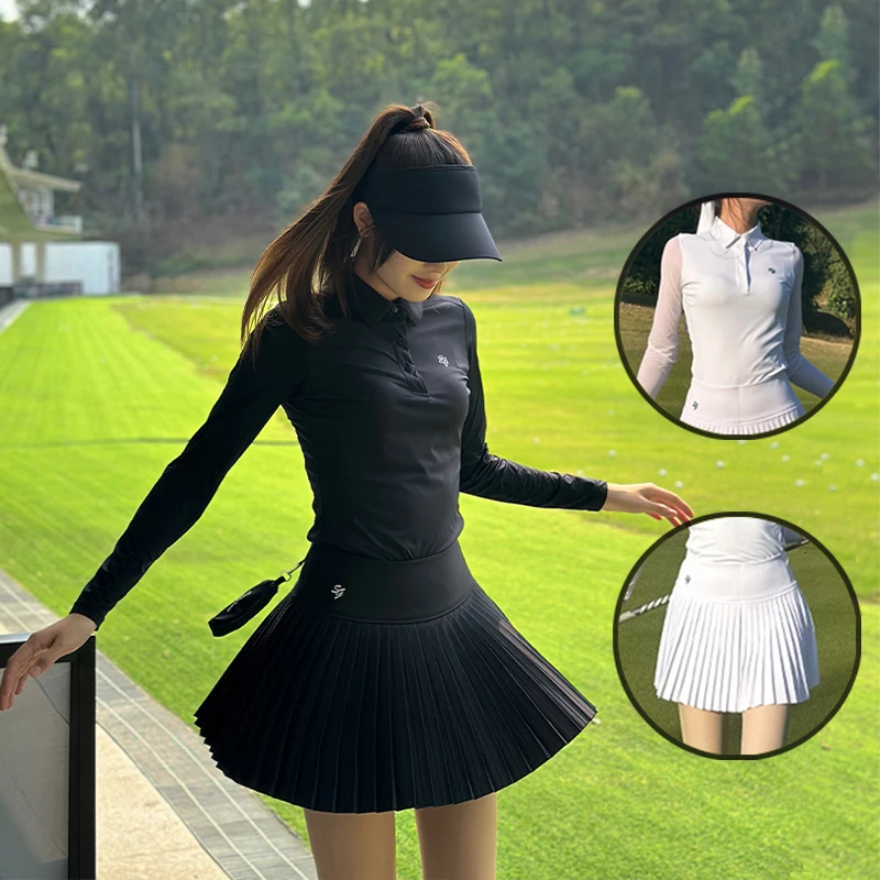 

2024 SG Golf New Women's Shirts Sunscreen Long Sleeve Lapel Tops Ladies Sports Pleated Skort High Waist Anti-Light Golf Skirts