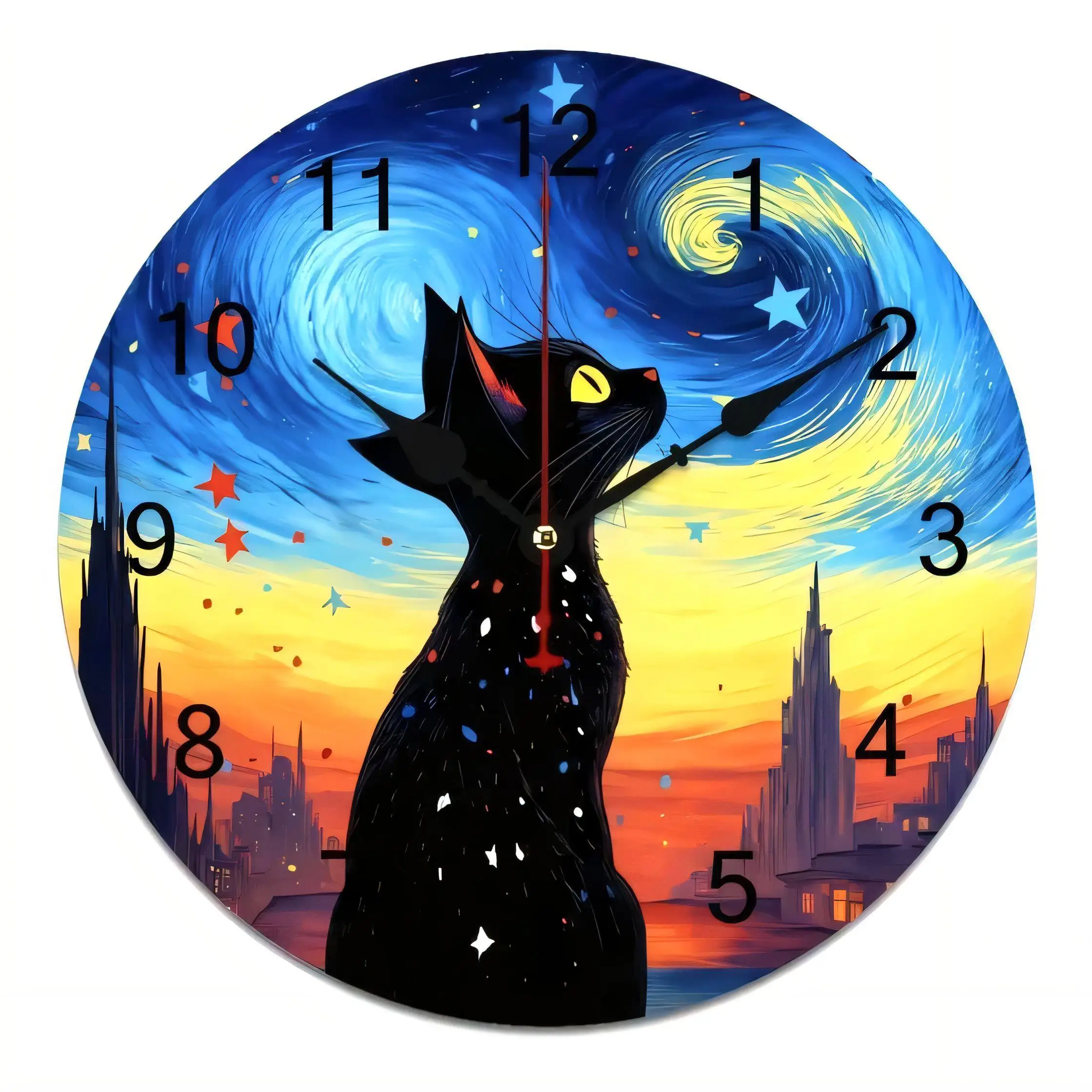Vincent Van Gogh Starry Night Black Cat Wall Clock  Home Decor Silent Non Ticking Battery Operated Artistic Swirling Sky Citysca