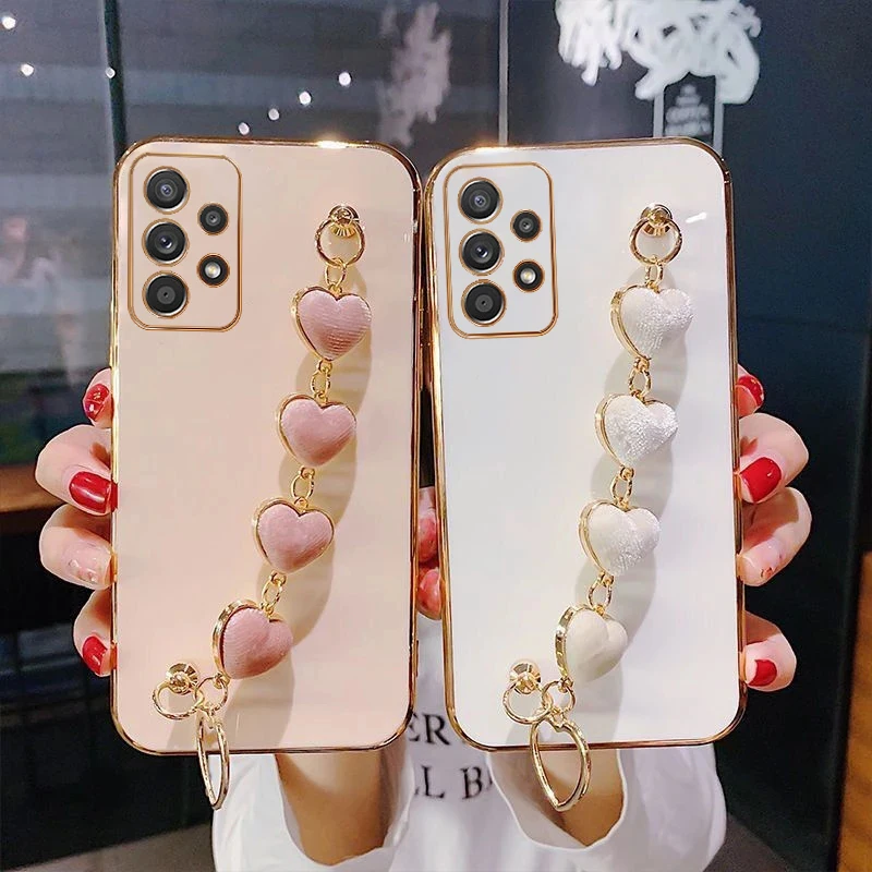 

Case For Samsung Galaxy A14 A15 A24 A25 A34 A54 A04S A05 A13 A23 A73 A32 A52 Love Heart Wrist Chain Plush Luxury Plating Cover