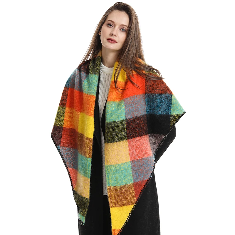 Knitted Plaid Triangle Scarf Thicken Winter Warm Shawl New Cashmere Luxury Brand Pashmina Blanket Bandana Neckerchief Scarves