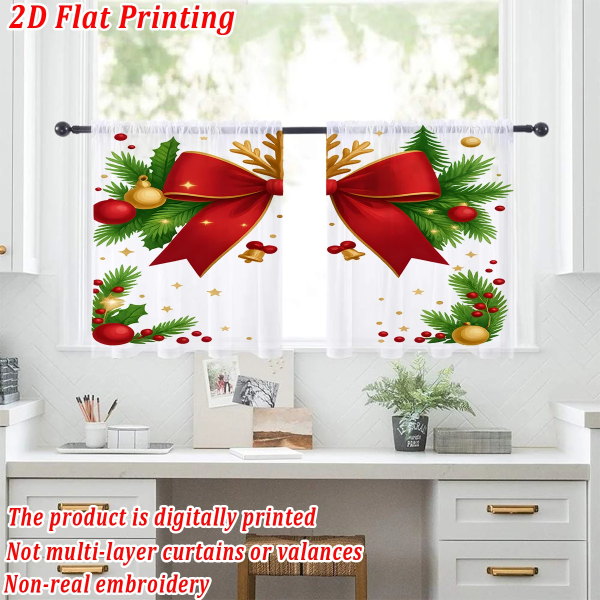 Christmas Flat Printing Kitchen Sheer Curtain with Merry Christmas Bow Pine Branch Ornament For Christmas Home Decor  Party