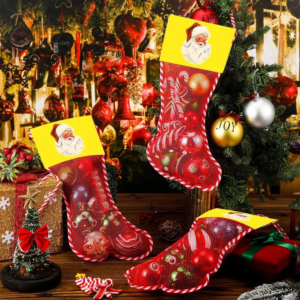 

100 Pcs Long Mesh Christmas Stockings Bulk with 50 Pcs 18 Inches Christmas Stockings 50 Pcs Retro Santa Header Card Candy