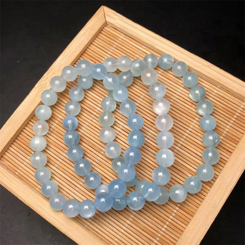 8MM Natural Aquamarine Bracelet Women Reiki Healing Fengshui Lucky Bangles Women Hoilday Gift 1PCS