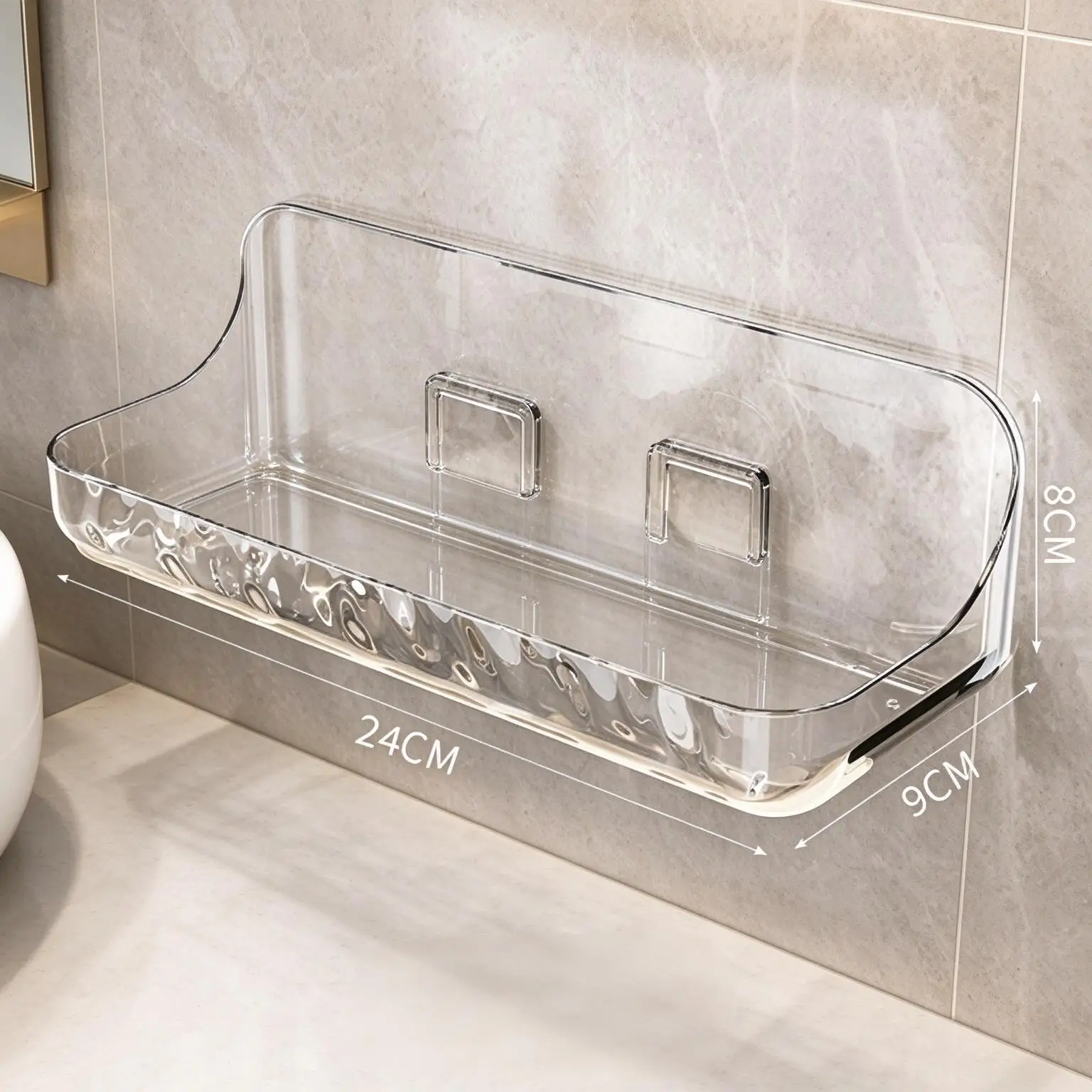 HTMCK No-Drill Bathroom Wall Shelf, Transparent Storage Box, Wall Mount Organizer for Skincare, Perfume, Body Wash & Toiletries