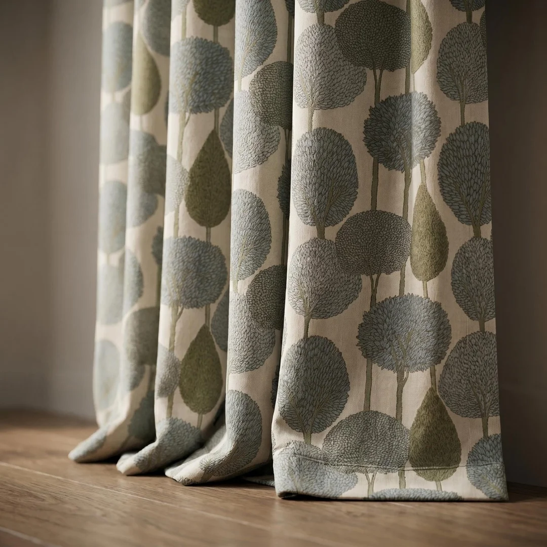 Nordic ins fog blue small tree printing curtain cream white forest branches and leaves fresh and simple floor curtain