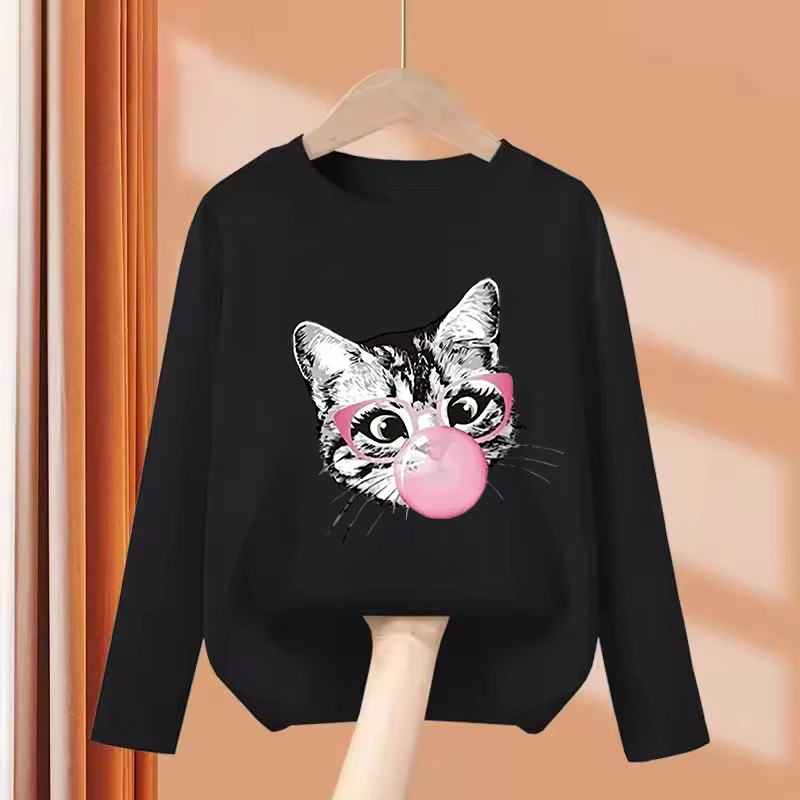 Long Sleeve Hip Hop Summer Spring Casual Top Tee Cat with Gum Design Printed T Shirts Manga Kids Children's T-shirt Boys Girls