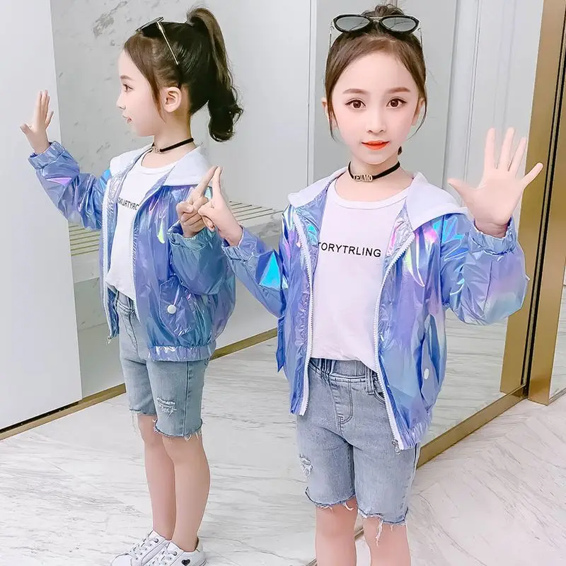 2024 Spring Autumn Teen Girls Jacket Windbreaker Fashion Shiny Letter Coat For Girls Hooded Outerwear Children Clothing 3-12 Yrs