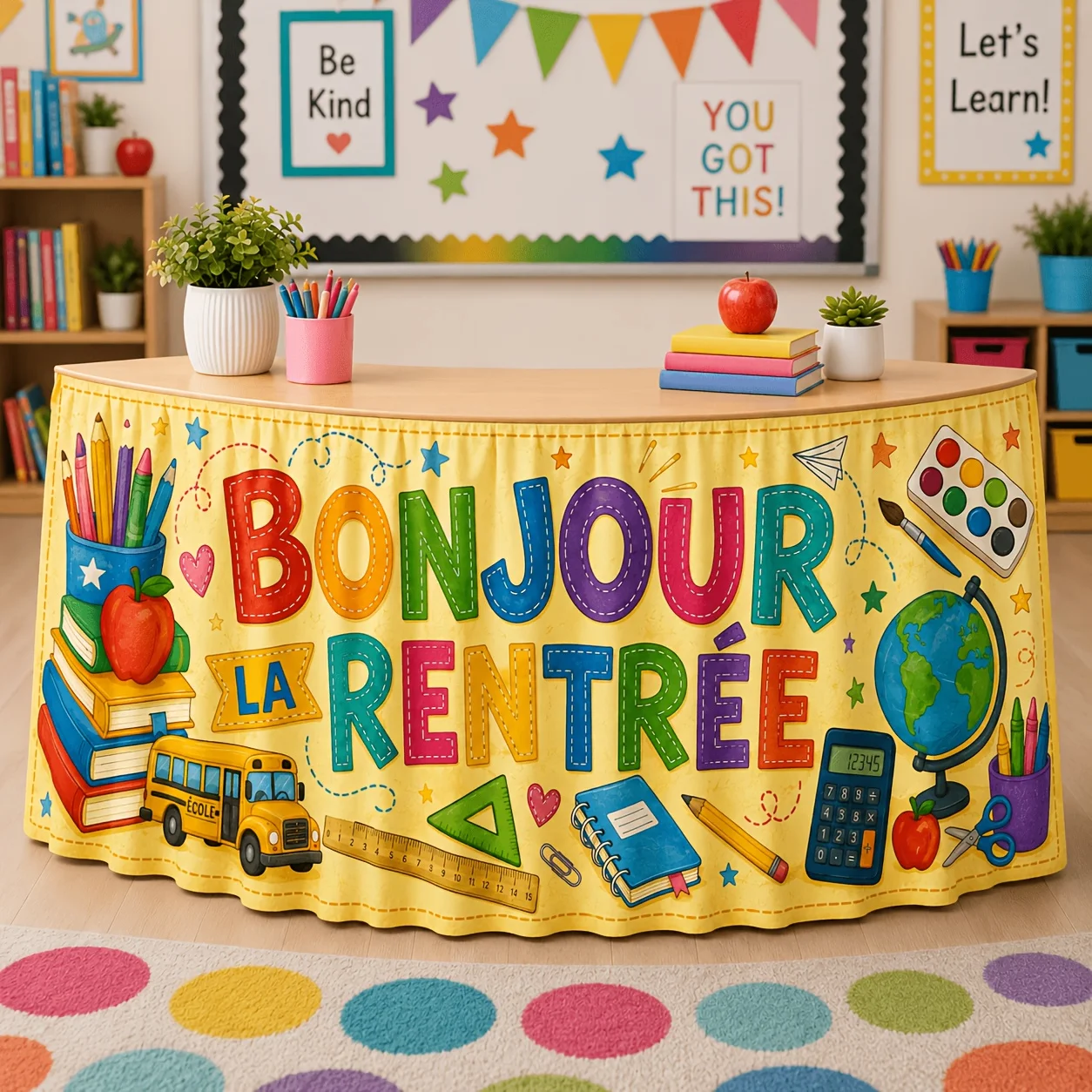 Party table skirt - 1-piece set - Colorful campus theme table skirt - Includes pencils, books, and globe