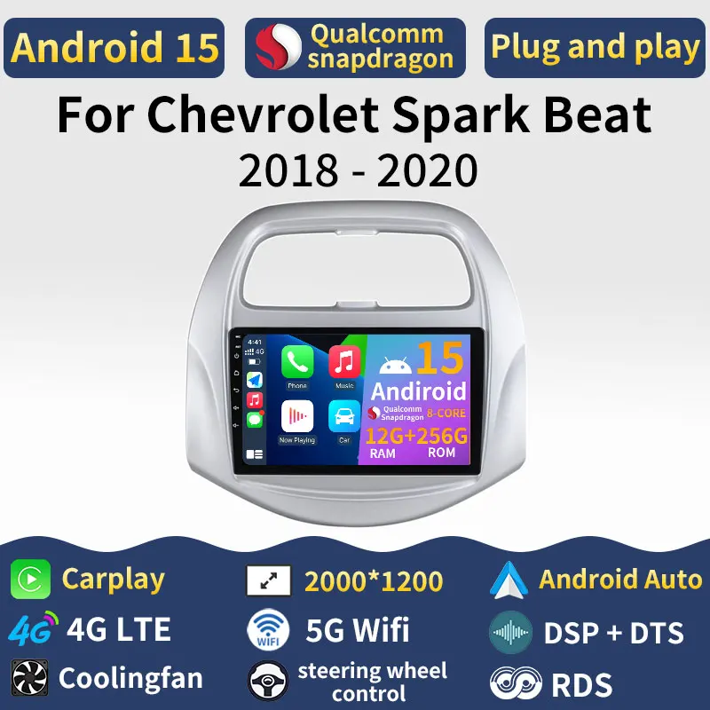 Radio para Auto Android 15 para Chevrolet Spark Beat 2018 2019 2020, Reproductor Multimedia de Video, Carplay Inalámbrico, Android Auto, GPS