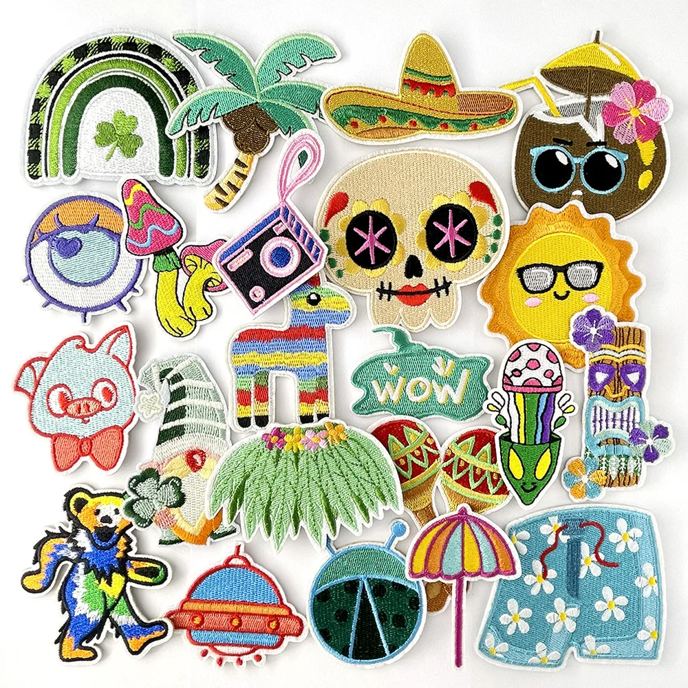 Sun Coconut Tree Iron on Patches for Clothing Cloth Embroidered Applique Sewing Clothes Apparel Decoration Patch Stickers
