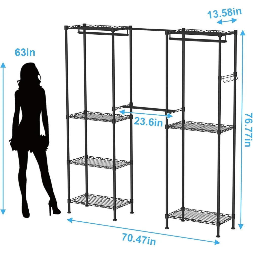 Clothes Rack, Adjustable Heavy Duty Clothing Racks with 4 Hang Rods & 7 Shelves, Load Capacity Up To 800lbs, Coat Rack