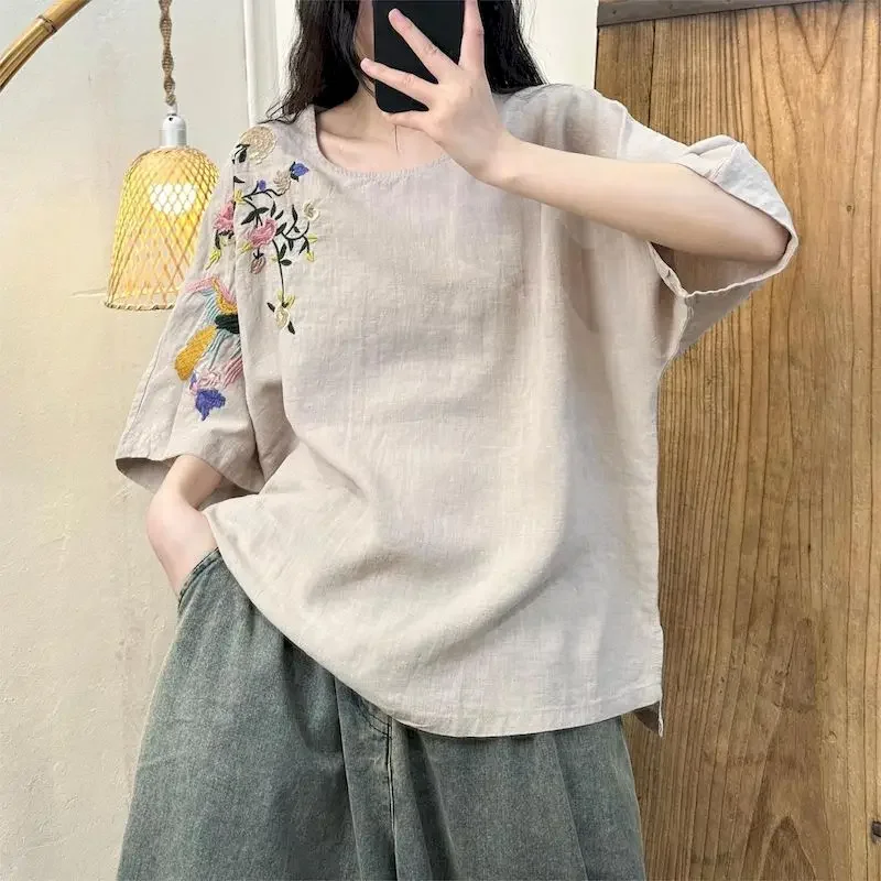 القطن الكتان تي شيرت المرأة خمر الأزهار التطريز رقيقة تي شيرت عادية فضفاض قصيرة الأكمام بلايز 2025 جديد في الصيف العصرية المحملة #2