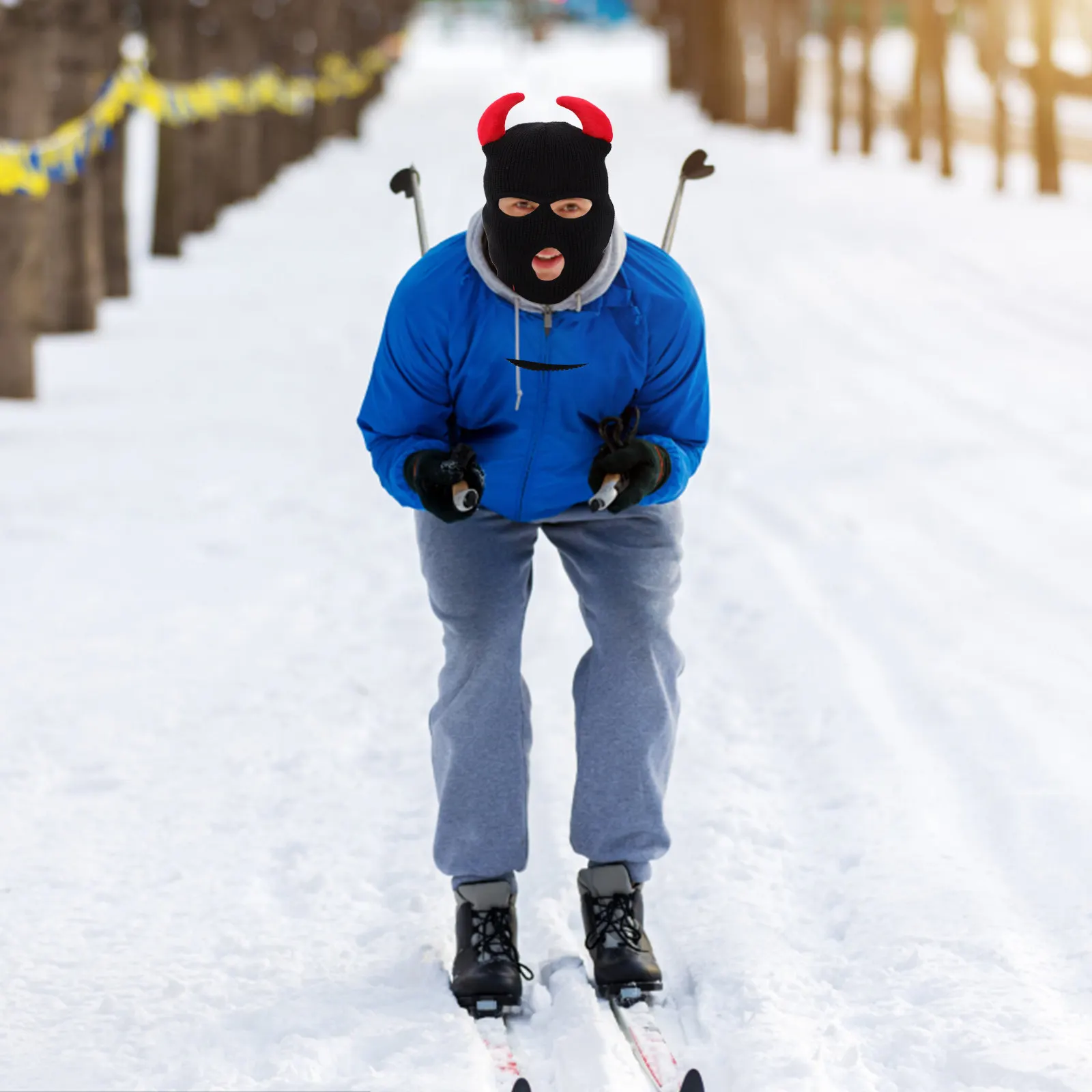 

Outdoor Skiing Warm Hat Black Knitting Woolen Hat Ox Horn Ski Mask Windproof Full Coverage Warm Face Mask Winter Outdoor Use