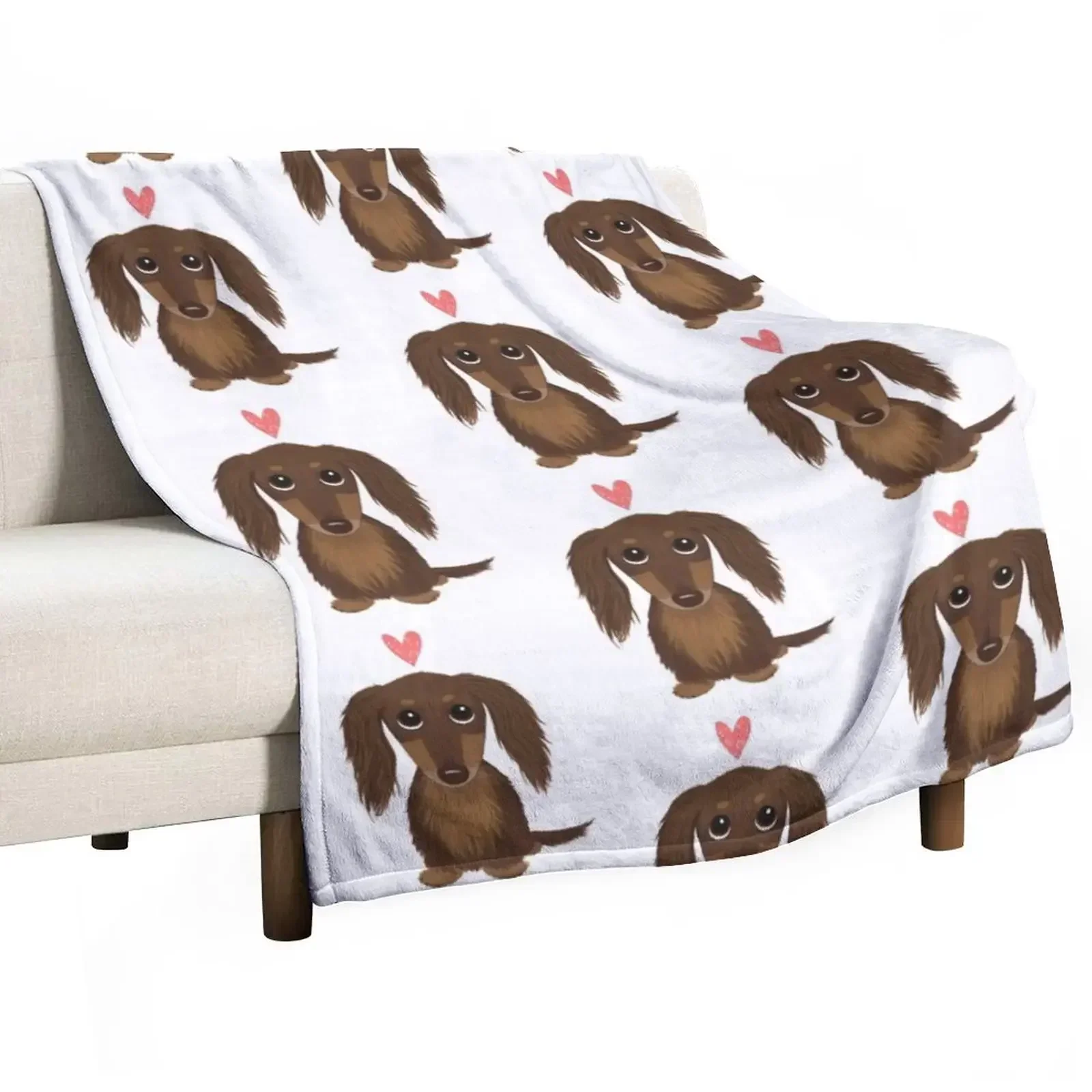 

Longhaired Chocolate Dachshund | Cute Wiener Dog with Heart Throw Blanket Luxury Brand Soft Plaid Decorative Beds Blankets