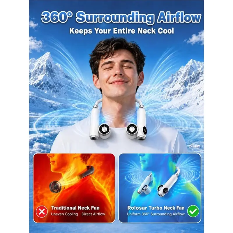 【A66I】Portable Neck Fan 4000Mah USB Rechargeable Bladeless Fan 5 Speeds Strong Airflow Hands-Free Personal Wearable Black