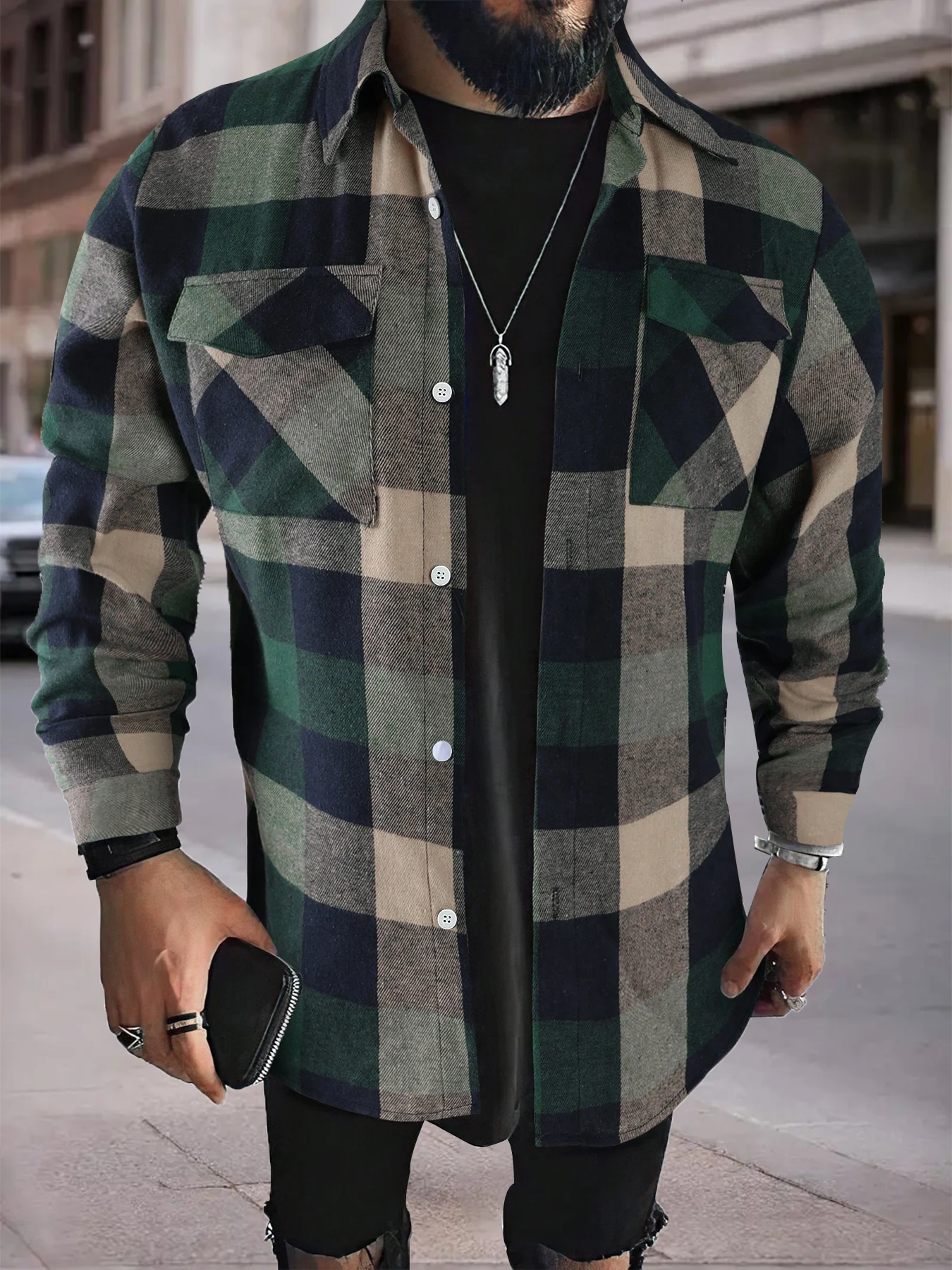 

Мужская рубашка в стиле ретро с крупным клетчатым узором, длинным рукавом, свободного кроя, с отложным воротником, весна-осень, повседневная, в стиле карго