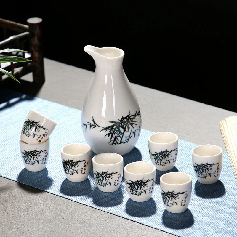 17ml Chinese Spirits Ceramics Small Cup Vintage Baijiu Japanese Kitchen Gift Set 9 Flagon Drinkware Shot Glasses Bamboo Print