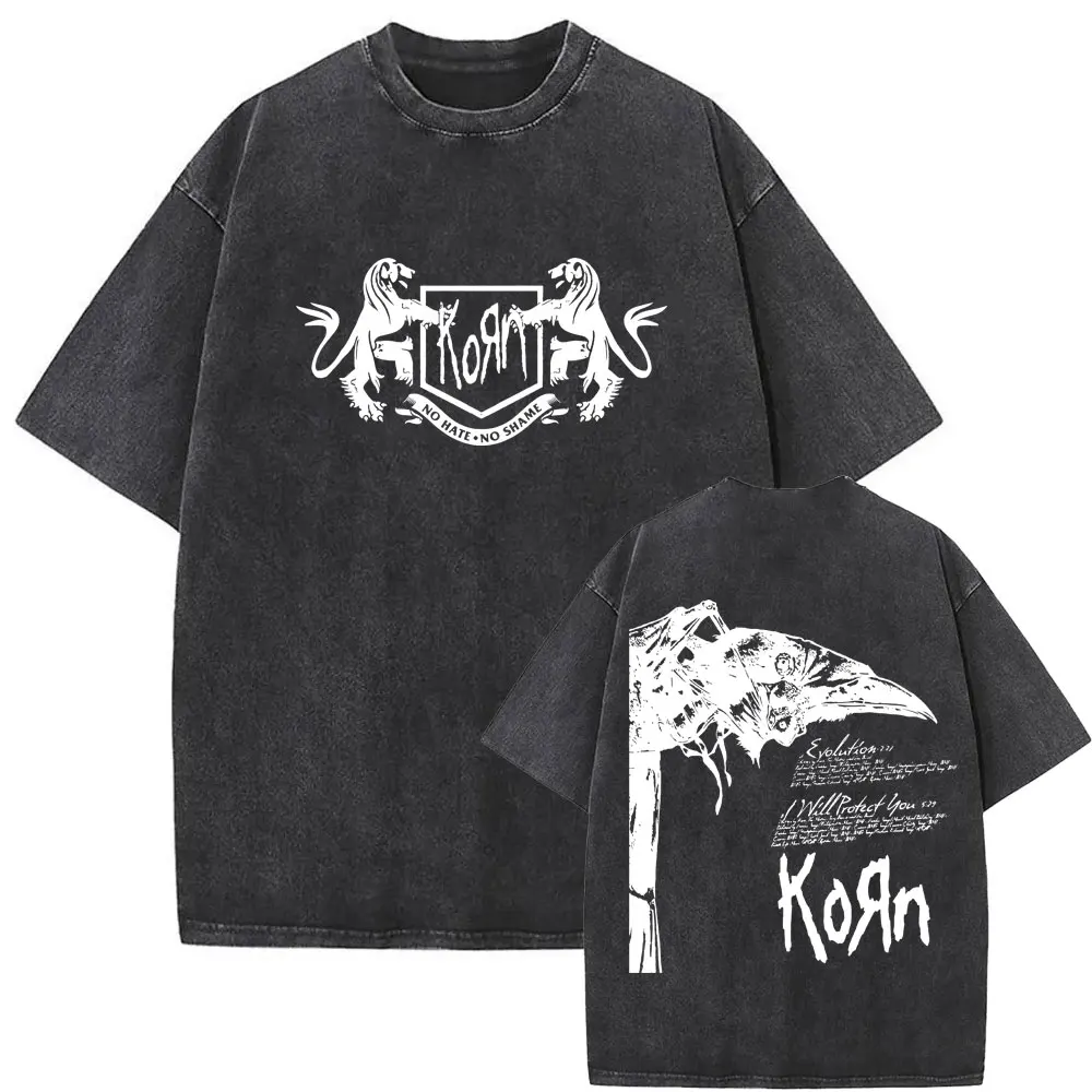 New Washed Vintage Alternative Nu Metal Rock Band Korn Print Tshirt Men Oversized T-shirts Male Fashion T Shirts Y2k Streetwear