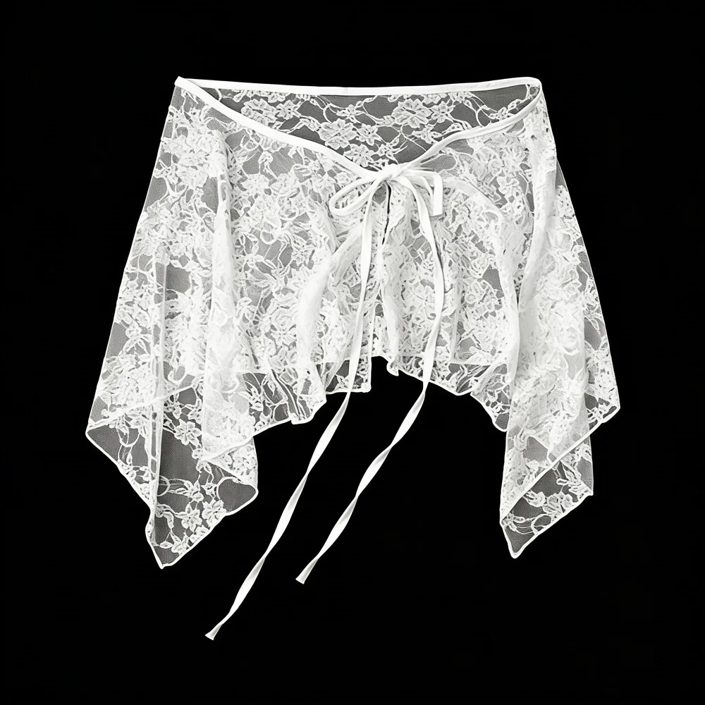 French Lacing Lace Mini Skirt Irregular Hemline Embroidery Lace Up Ruffles Skirt Harajuku Y2K Streetwear Ruched Skirts
