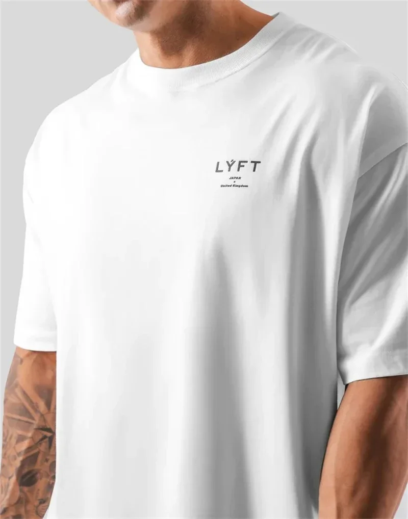 LYFT mała nadruk Logo koszulka męska sportowa do biegania siłownia treningowa Oversize 100% 210gCotton T-Shirt męskie koszulka dla kulturystów topy