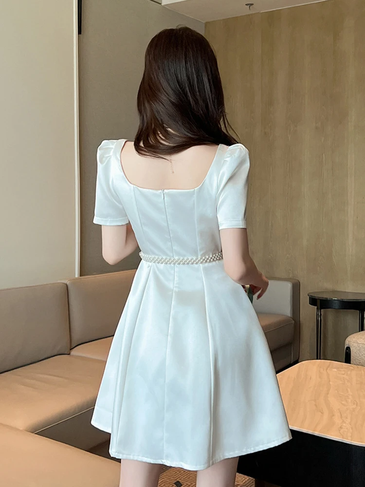 High Quality Elegant White Satin Evening Dress Women Celebrity Bubble Sleeve Pearl Belt Short Party Vestidos Fiesta Date Clothes