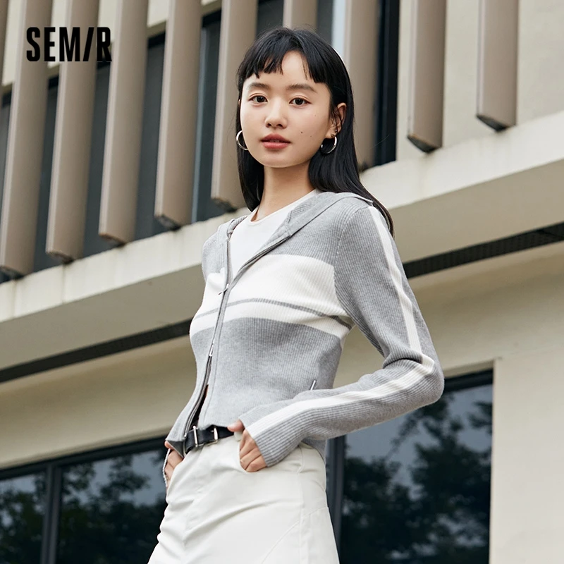 Semir 2023 Women Knitted Cardigan Autumn New Short Style Contrast Color Hooded Slim Top  Small Fragrance Style Top for Women