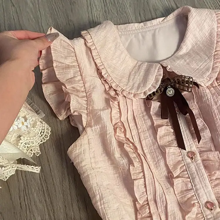 Japonês doce vestido de verão feminino rendas retalhos rosa em camadas bolo vestido lolita inspirado bonito laço peter pan colarinho vestidos