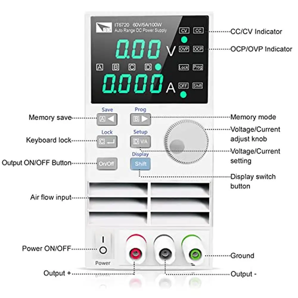 Fuente de alimentación de laboratorio ajustable, 0-60V/5A, ajustes finos gruesos, CC, modo CV, OCP, OVP, protección OTP, IT6720, técnico profesional