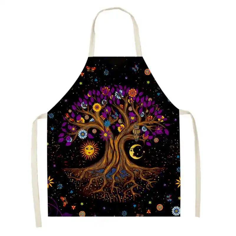 Tree of Life Pattern Printed Apron Linen Sleeveless Stain Resistant Apron Home Kitchen Cooking Baking Accessories Cleaning Tools