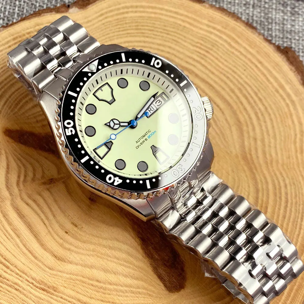 Tandorio 41mm SKX NH35A 20ATM Waterproof Dive Automatic Watch Men Green Luminous Dial Sapphire Glass Stainless Steel Bracelet