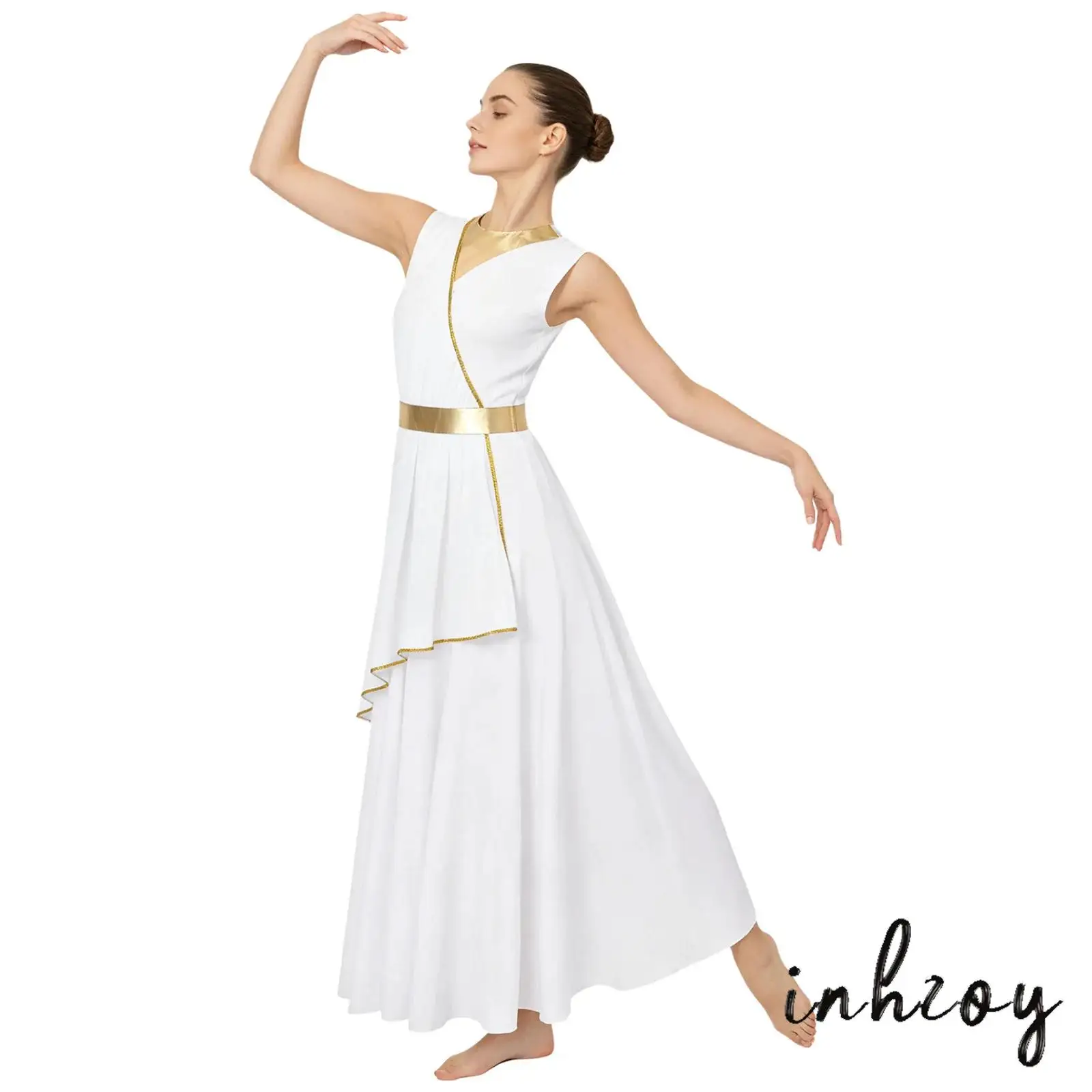 

Women Sleeveless Asymmetrical Draped Dress Gold Trim Metallic Tunic Dresses for Worship Praise Lyrical Liturgical Dance Clothing