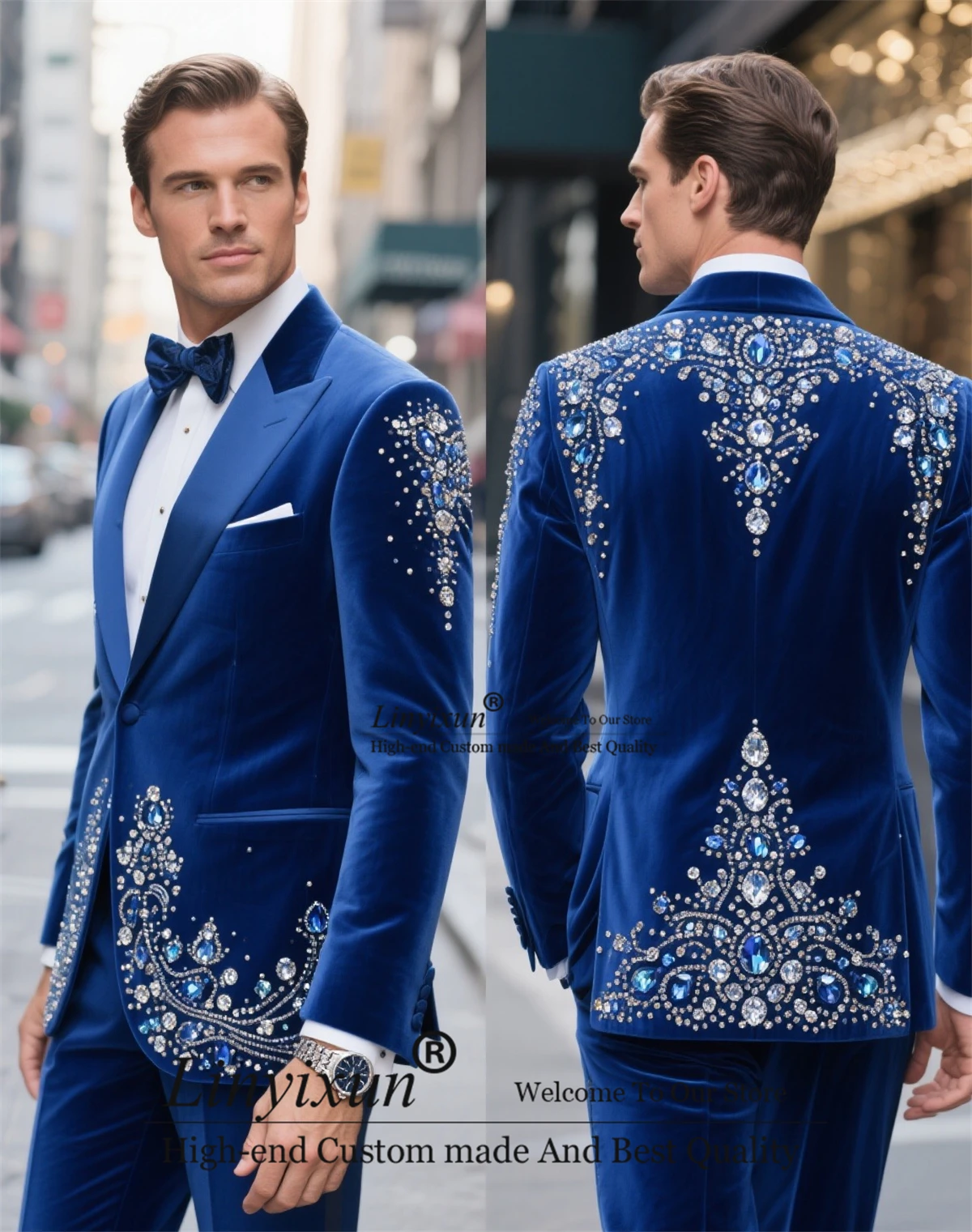 

Elegant Vevet Men Suit 2 Pieces Sets Groom Male Blazers Slim Fit Customized Wedding Tuxedos High End Beaded Crystals Ropa hombre