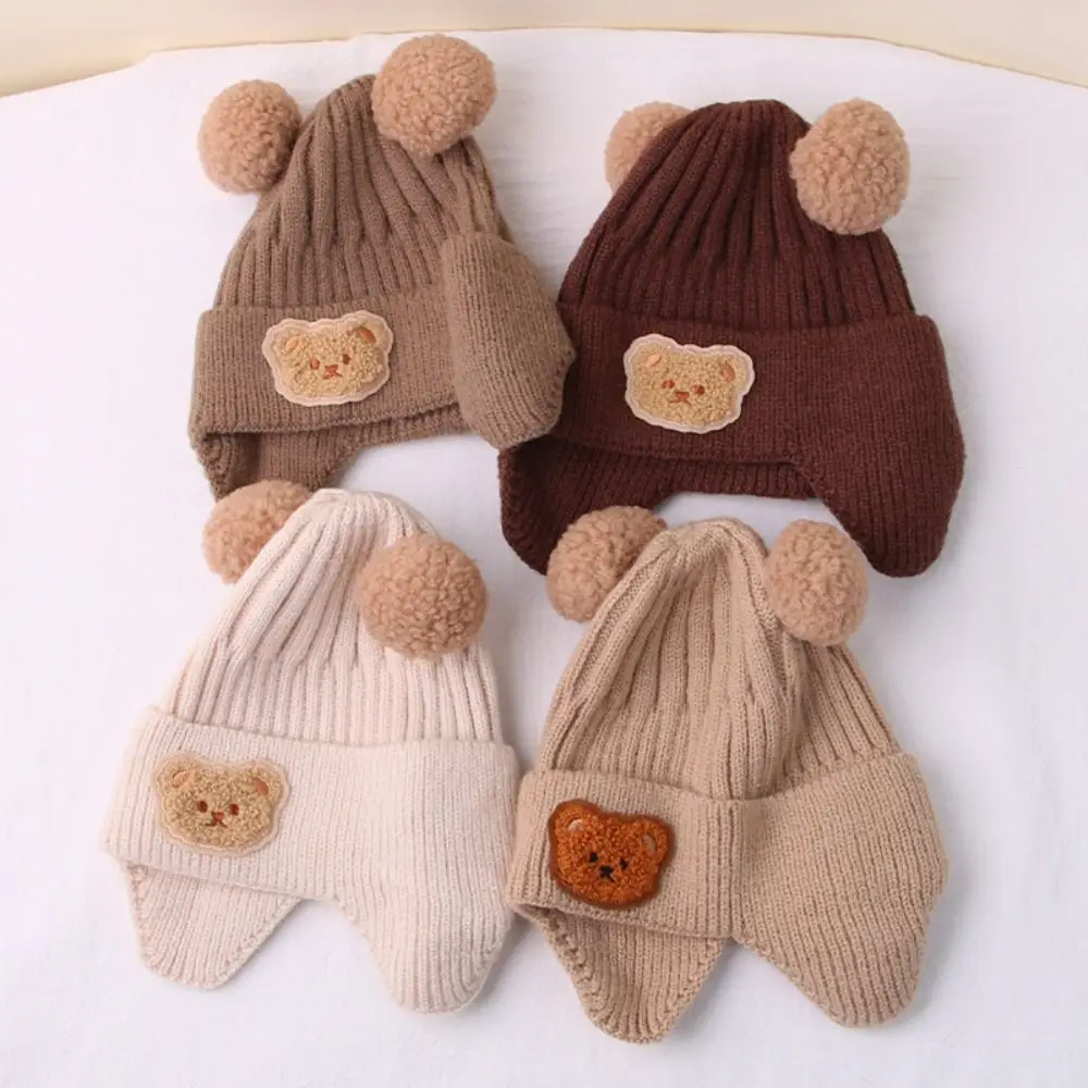 Winter Baby Beanie Cap Cartoon Bear Ear Protection Knitted Hat for Toddler Boys Girls Cute Korean Warm Kids Crochet Hats