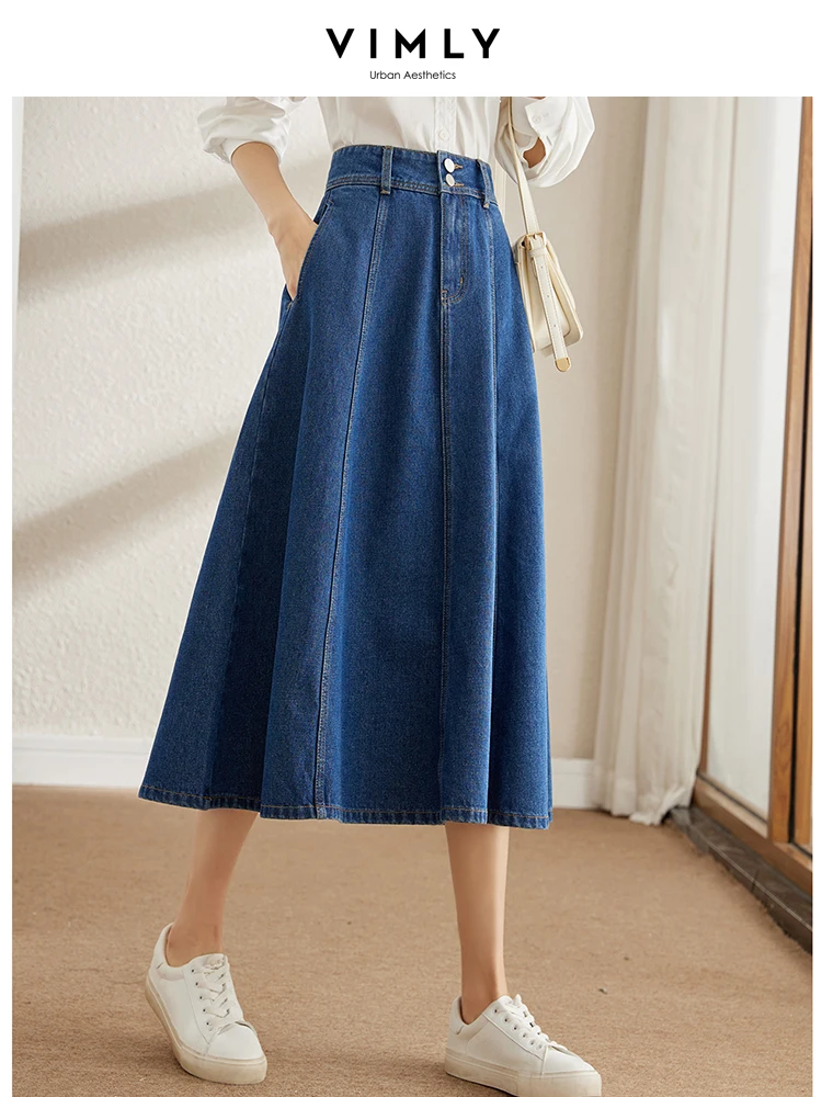 Vimly Jean Regenschirm Rock 2023 Frühjahr Neue Hohe Taille Koreanischen Stil Vintage Blau Chic und Elegante Frau Denim Röcke 70673