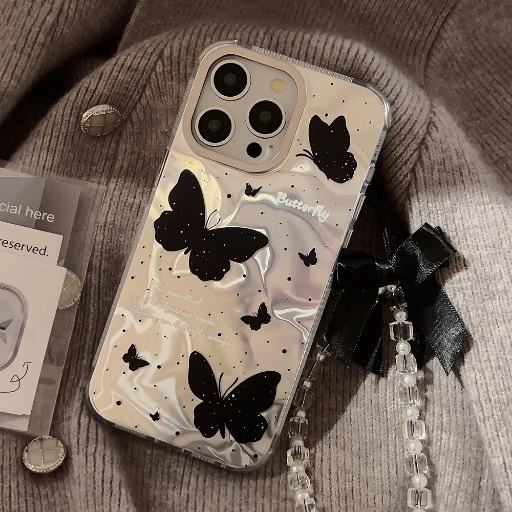 Luxury Silver Sweet Cool Black Butterfly Phone Case for iPhone 15 14 13 12 Pro Max Plus Bow Crystal Bracelet Bumper Cover