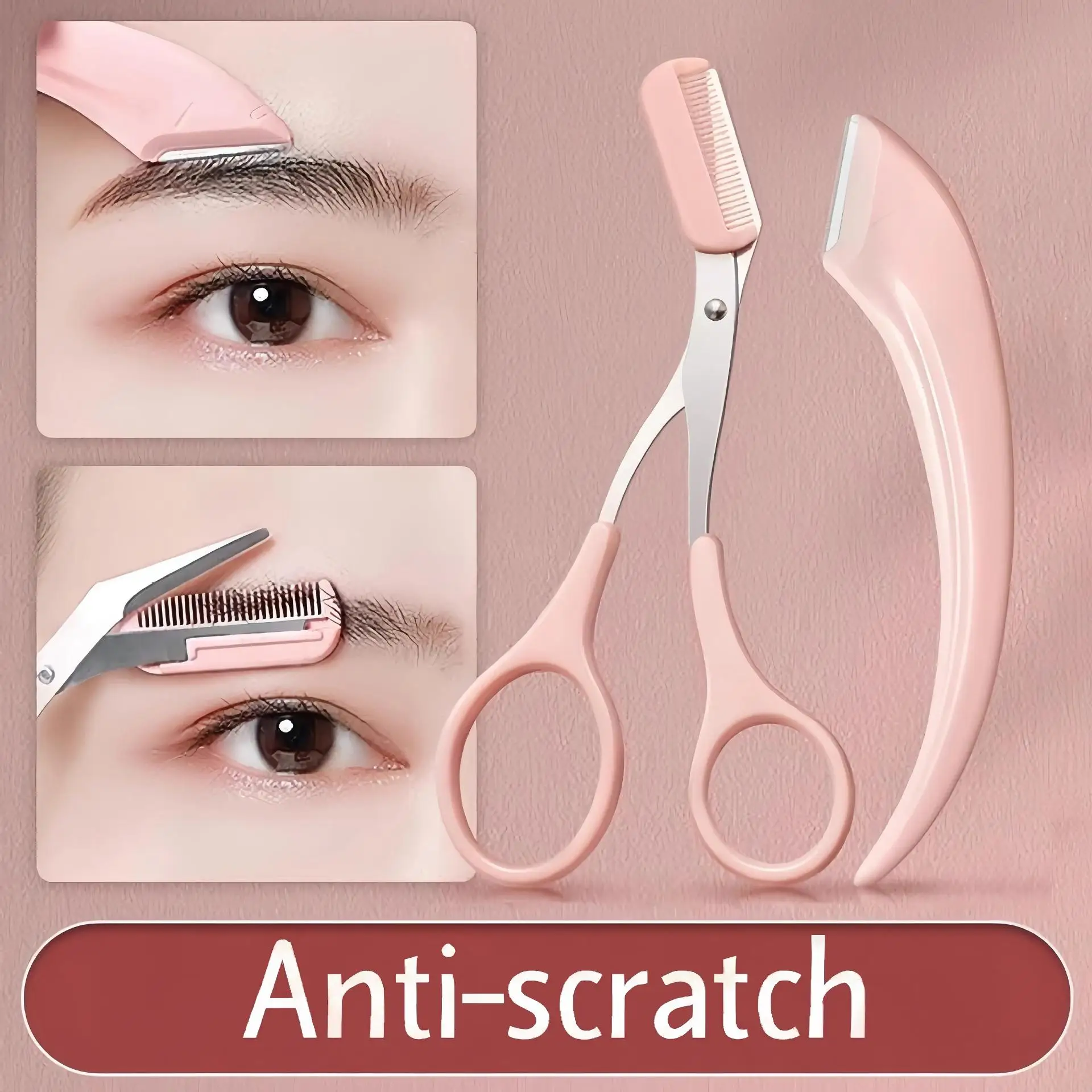 

Pink eyebrow trimming scissors with built-in comb - stainless steel, precise grooming tool, creating perfect eyebrows