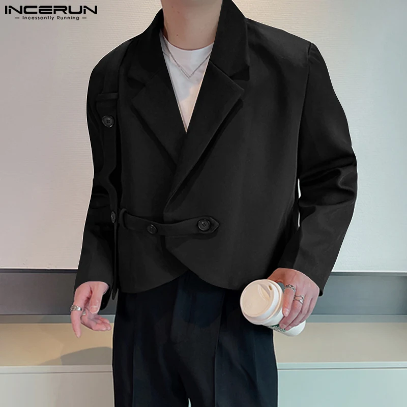 INCERUN Tops 2023 Korean Style New Mens Shoulder Pads Solid Cropped Blazer Casual Fashion Hot Sale Long Sleeved Suit Coats S-5XL