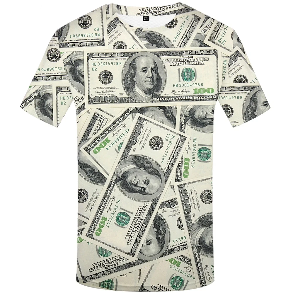 New Fun Huge Capital Dollar Paper Money Printing Series Men\'s T-shirts with Street Fashion Elements Cool O-Neck Men\'s Top