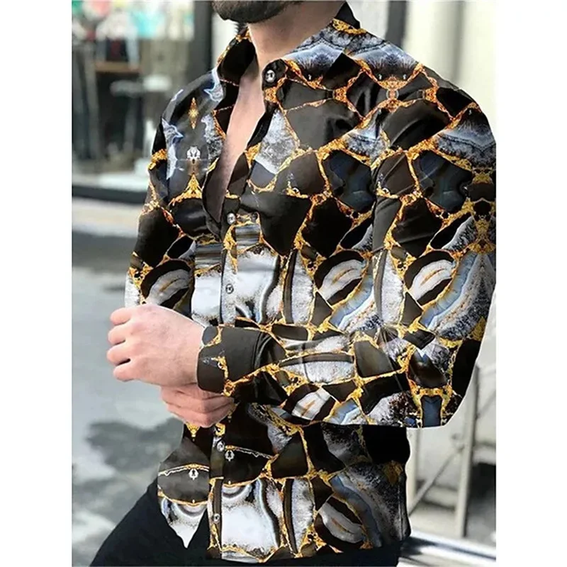 Fashionable New Design Men's Top Button Collar Long Sleeve Shirt Ball Casual Outdoor Street Pattern Blue Gold