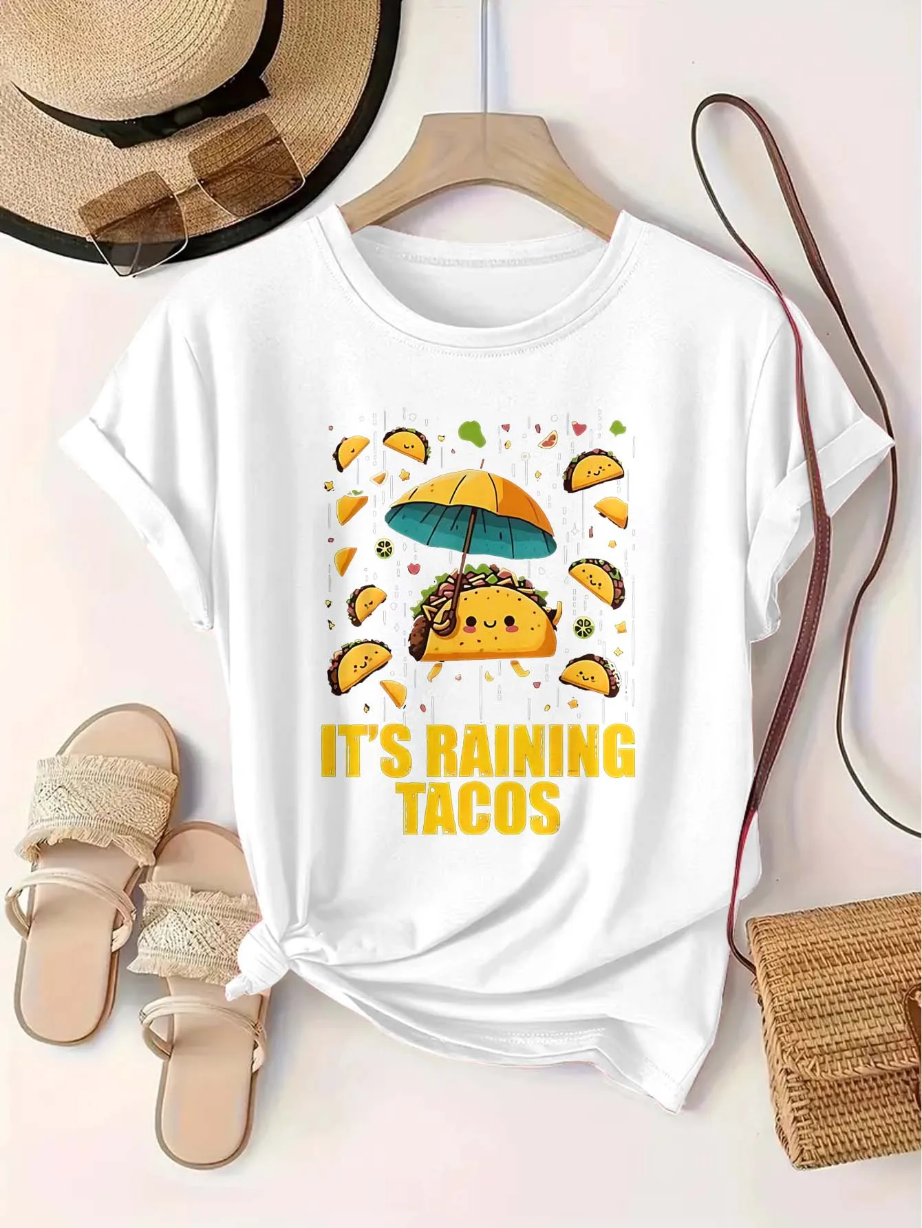 

Плюс размер 1xl-5xl Футболка с коротким рукавом Женская одежда оверсайз | Foodie Fantasy Taco Downpour Мультяшная графика